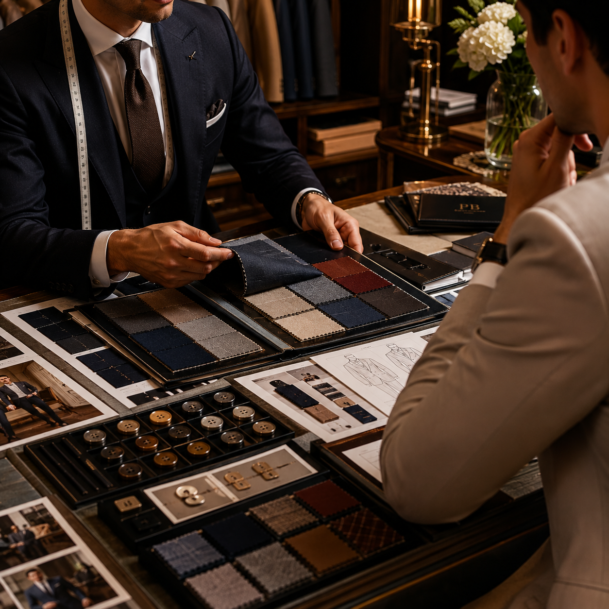 Tailor presenting fabric options during a bespoke consultation