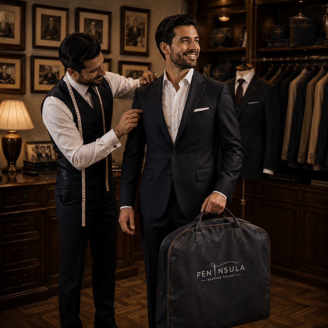 Client receiving a finished bespoke suit for final delivery