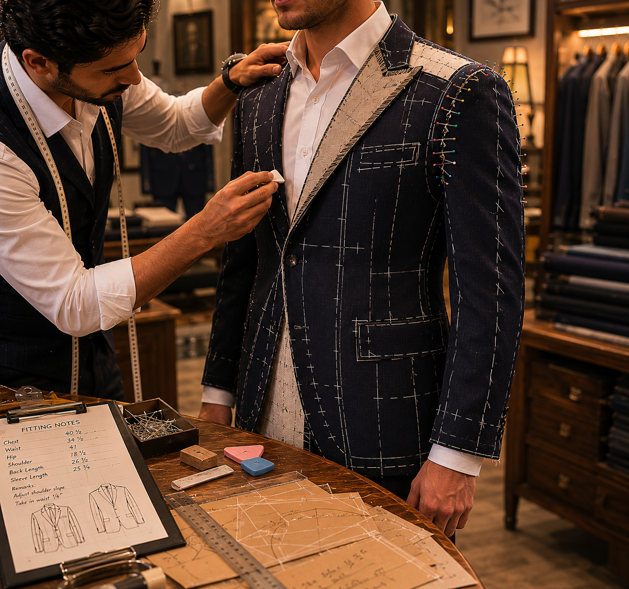 Tailor refining the fit of an unfinished bespoke jacket during a fitting
