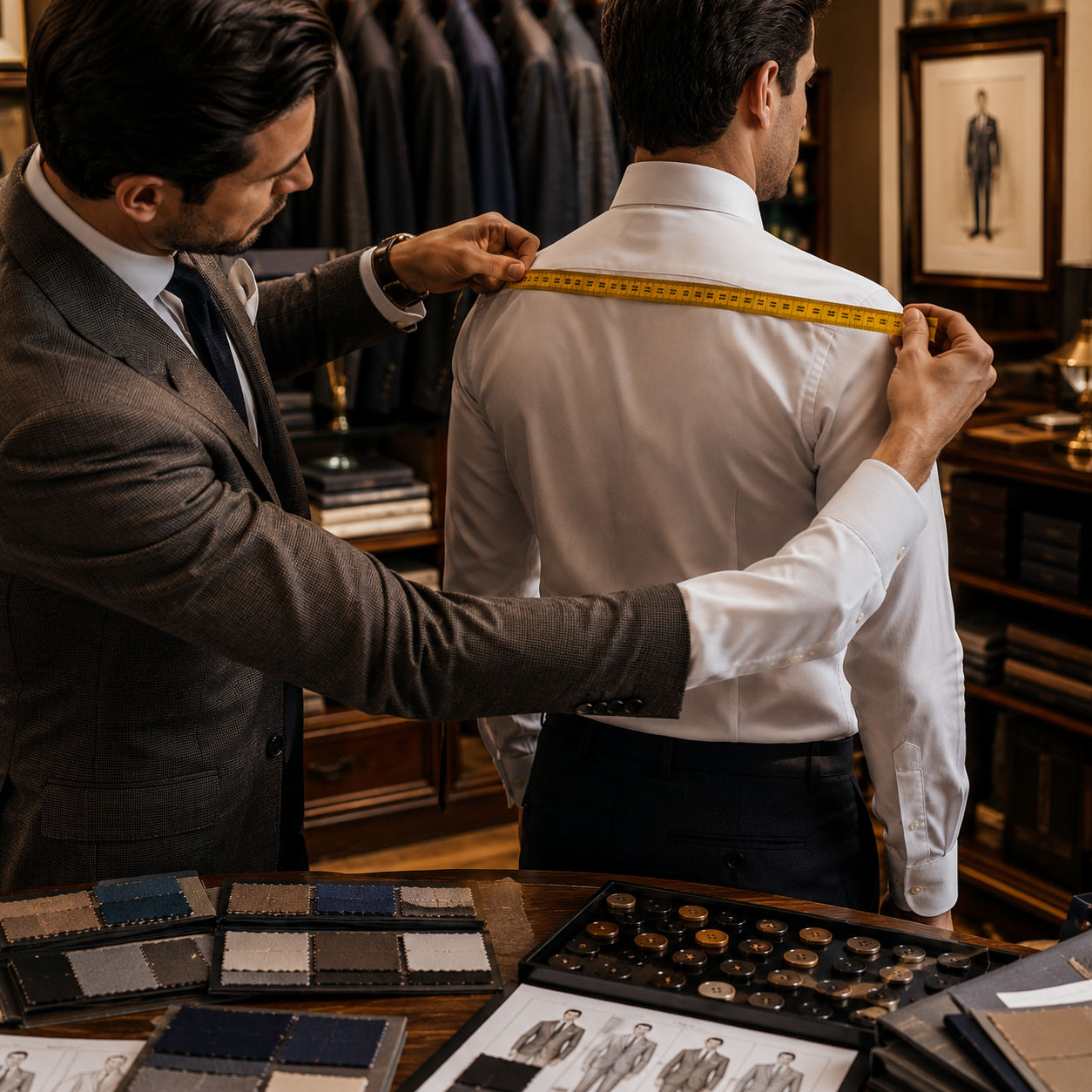 Tailor taking shoulder measurements for a custom shirt