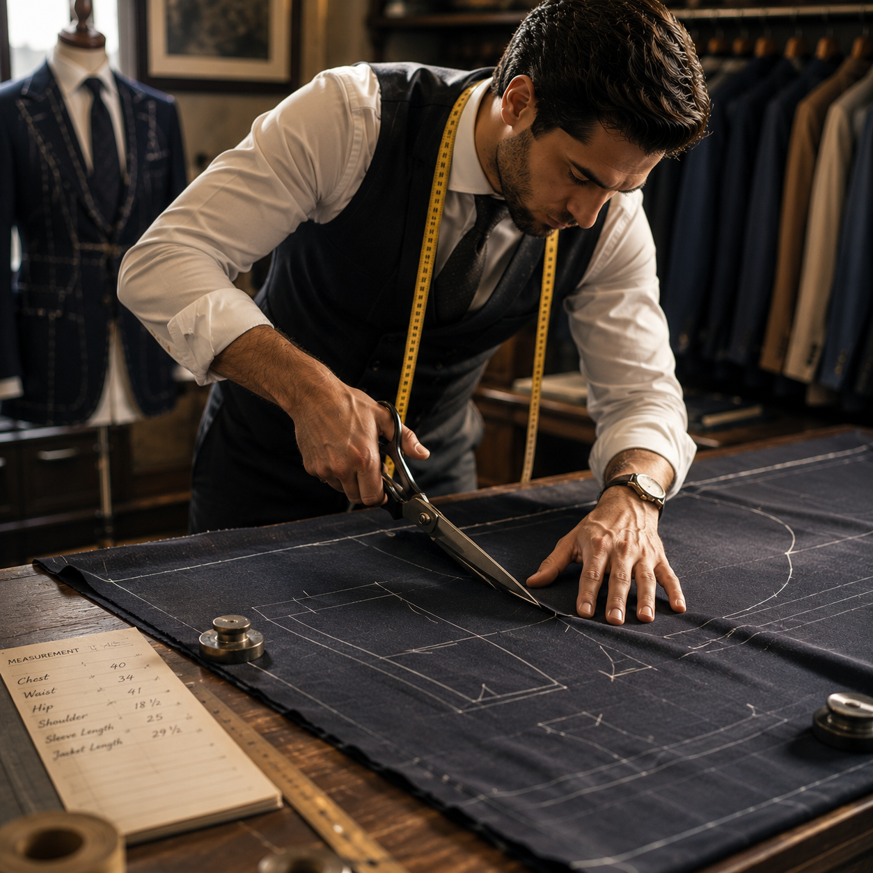 Master tailor cutting fabric patterns in the atelier